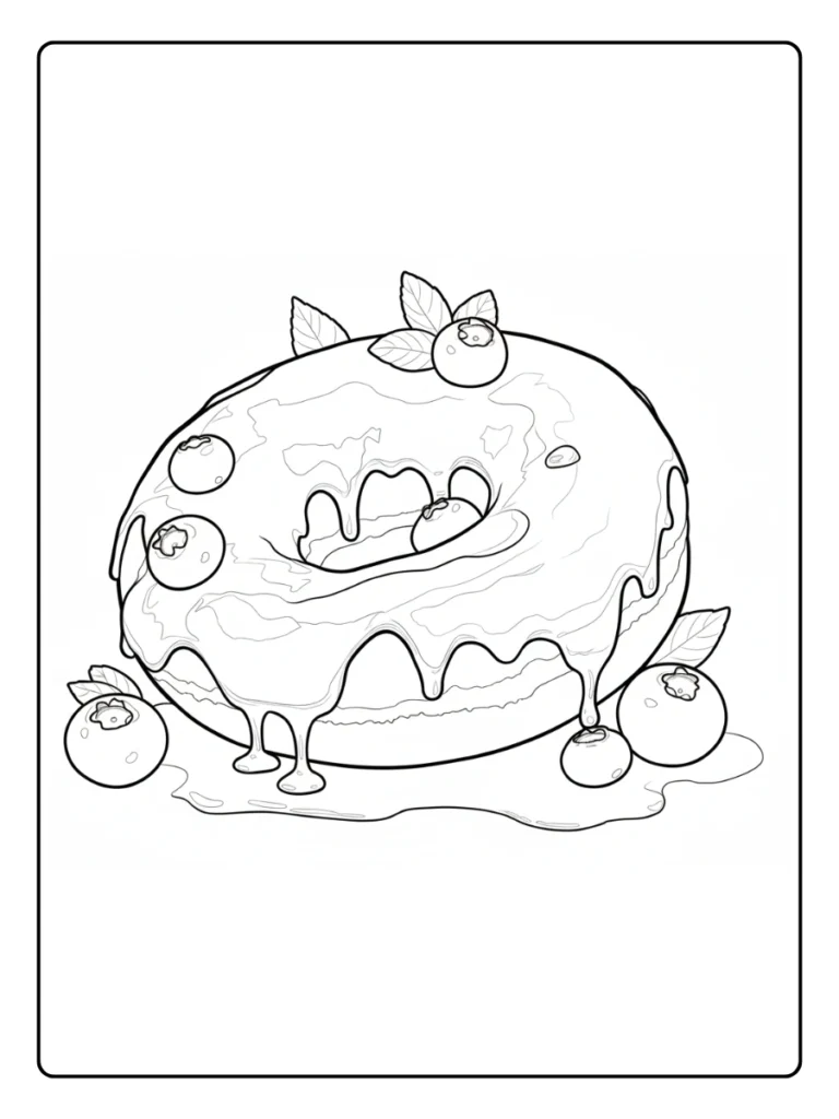 Floral donut coloring sheet, dessert with berries and small blossoms.
