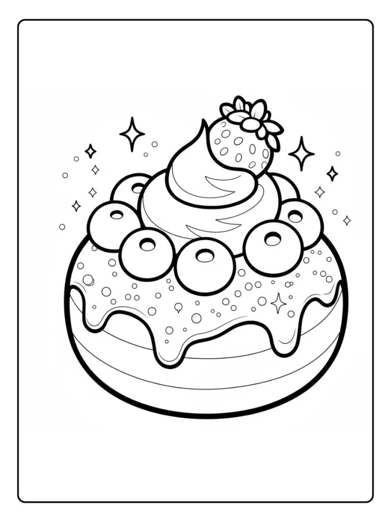 Berry donut coloring page, sweet dessert with whipped cream and stars.