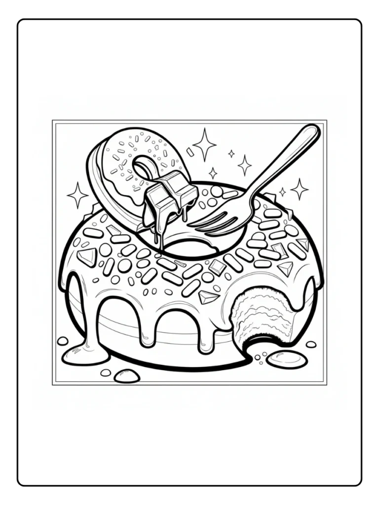 Donut with fork coloring sheet, dessert with fruit on a square plate.