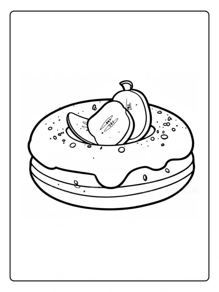 Fruit topped donut coloring page, simple dessert with apple and berries.