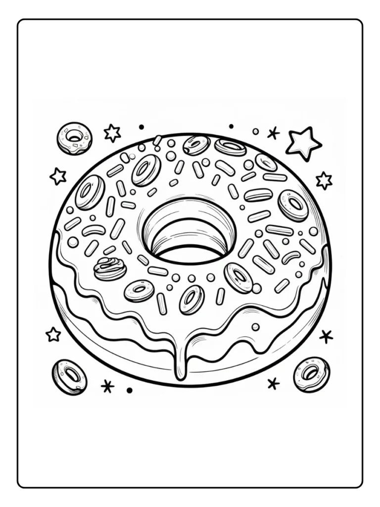 Sprinkle donut coloring sheet, classic dessert with stars and circles.