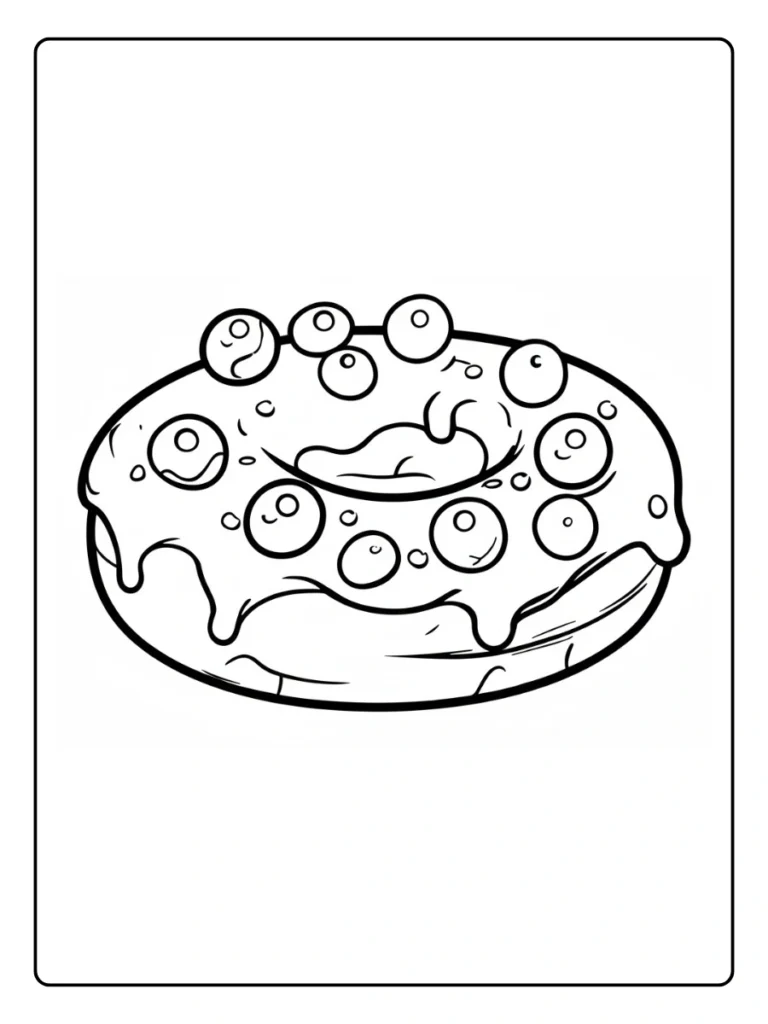 Blueberry glazed donut coloring page, dessert with fruit and small leaves.