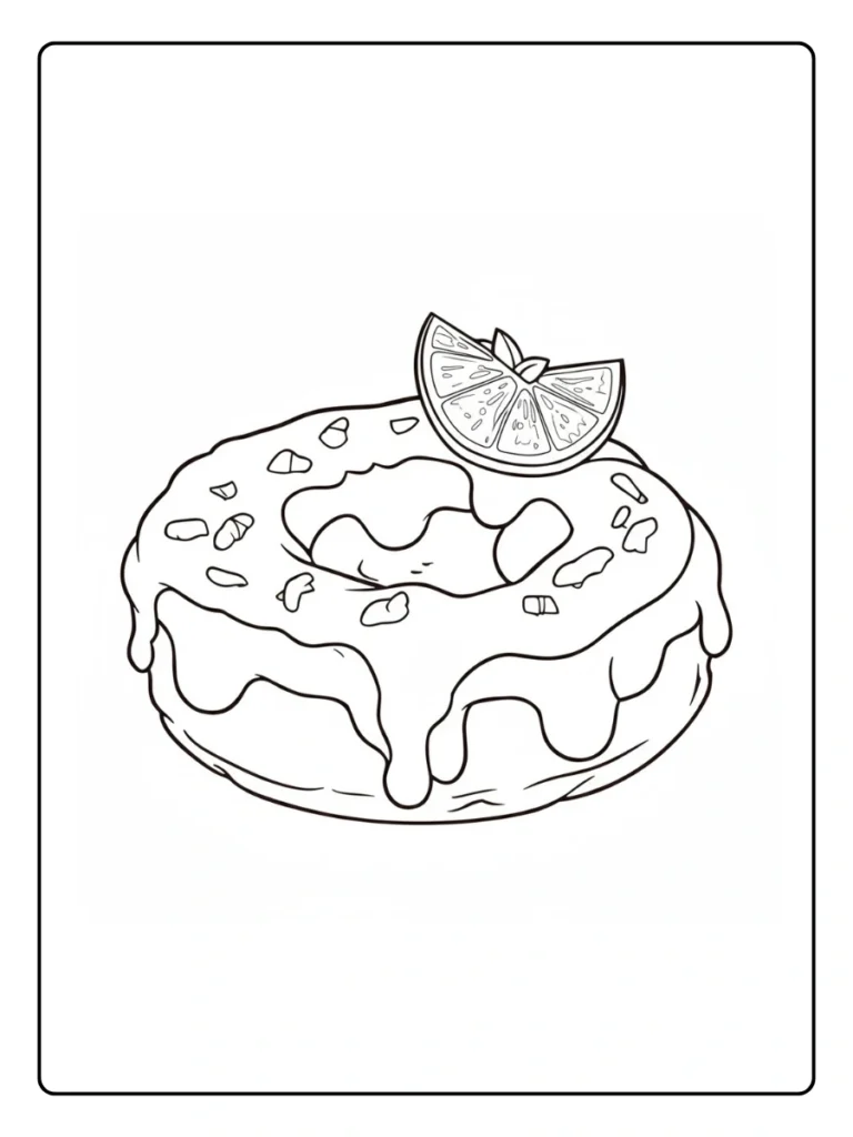 Citrus donut coloring sheet, simple dessert with a lemon slice.