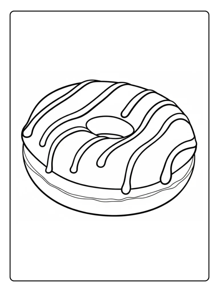 Striped glazed donut coloring page, classic ring dessert with lines.