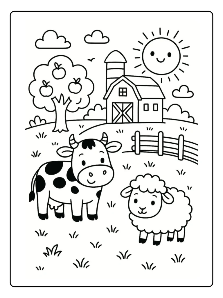 Cow and Sheep in the Field Farm Animal Coloring Pages