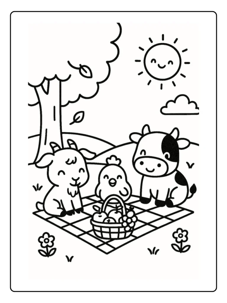 Farm Picnic Under the Tree Farm Animal Coloring Pages