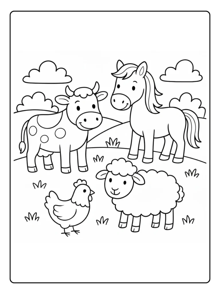 Horse and Sheep in the Pasture Farm Animal Coloring Pages