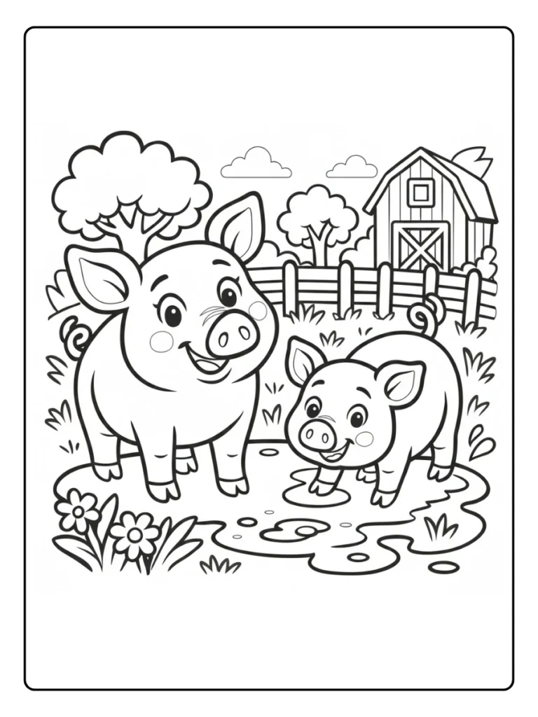 Pig Family in the Mud Farm Animal Coloring Pages