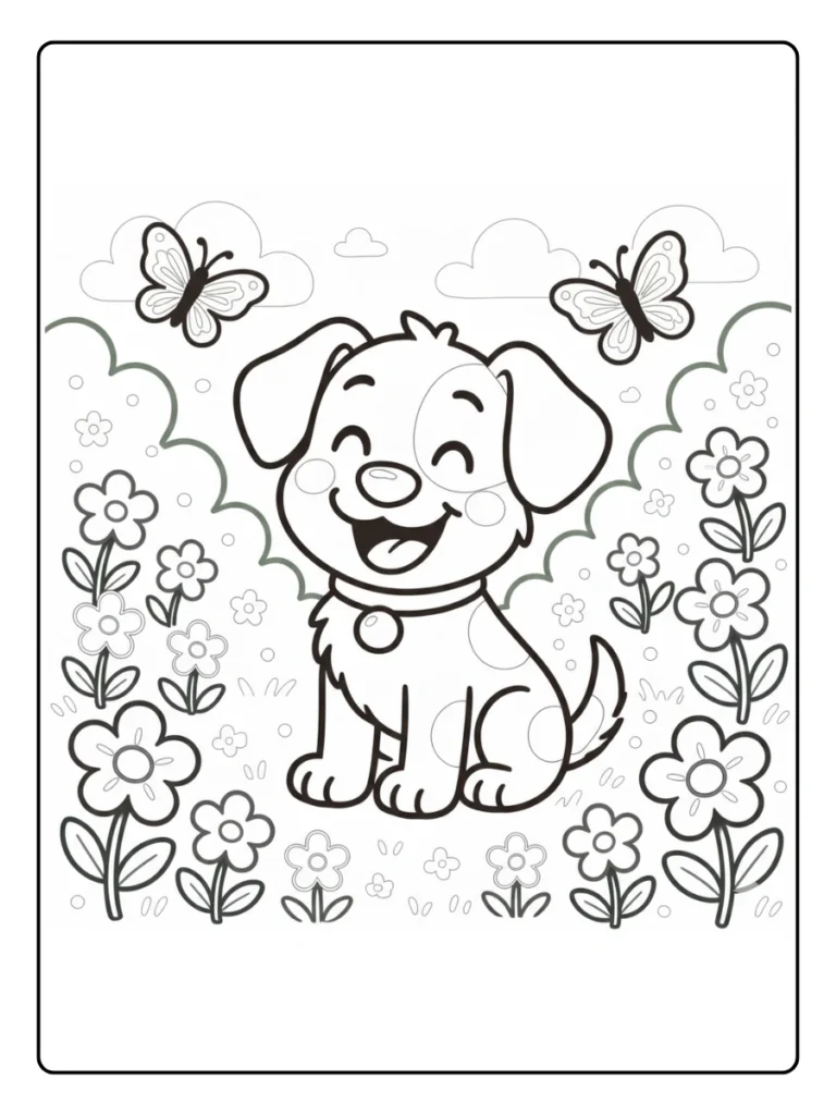 Smiling Puppy in the Garden Farm Animal Coloring Pages