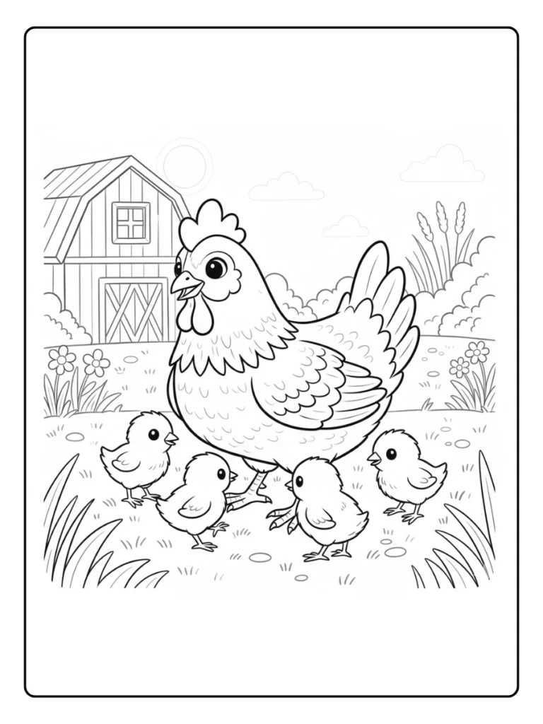 Mother Hen and Chicks Farm Animal Coloring Pages
