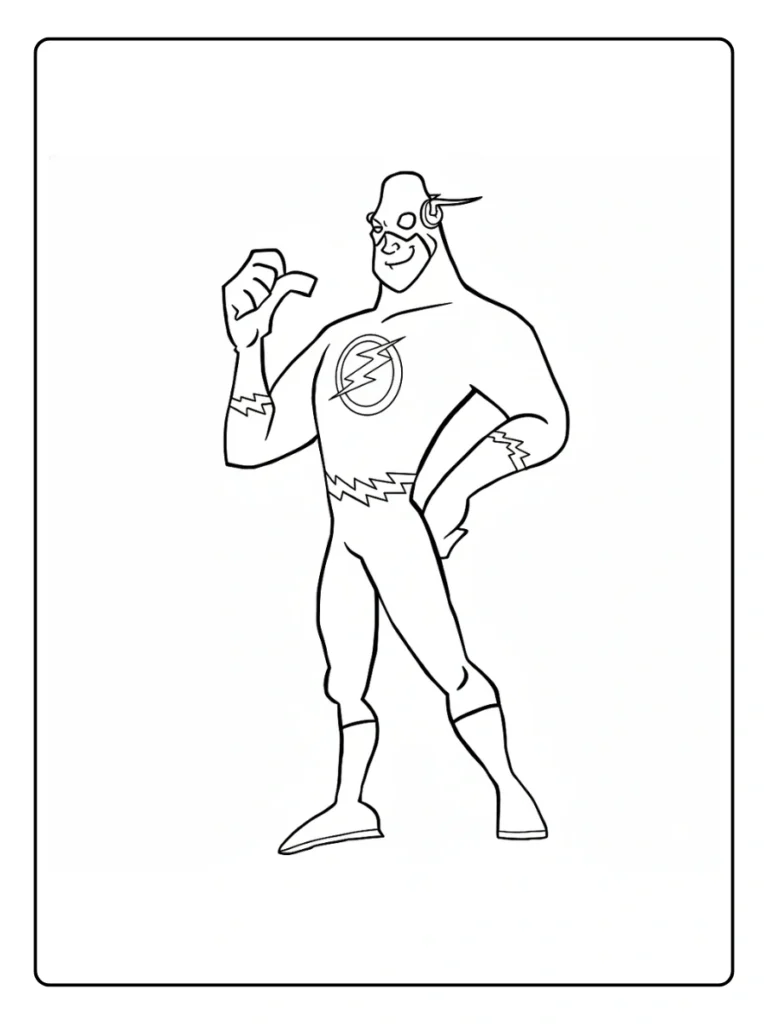 Cartoon Flash coloring page, stylized superhero with thumb up.