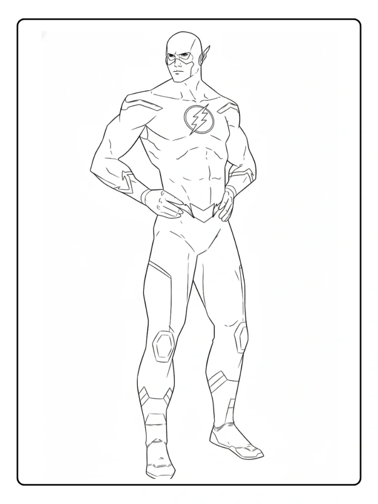 Flash muscular pose coloring sheet, superhero standing with hands on hips.