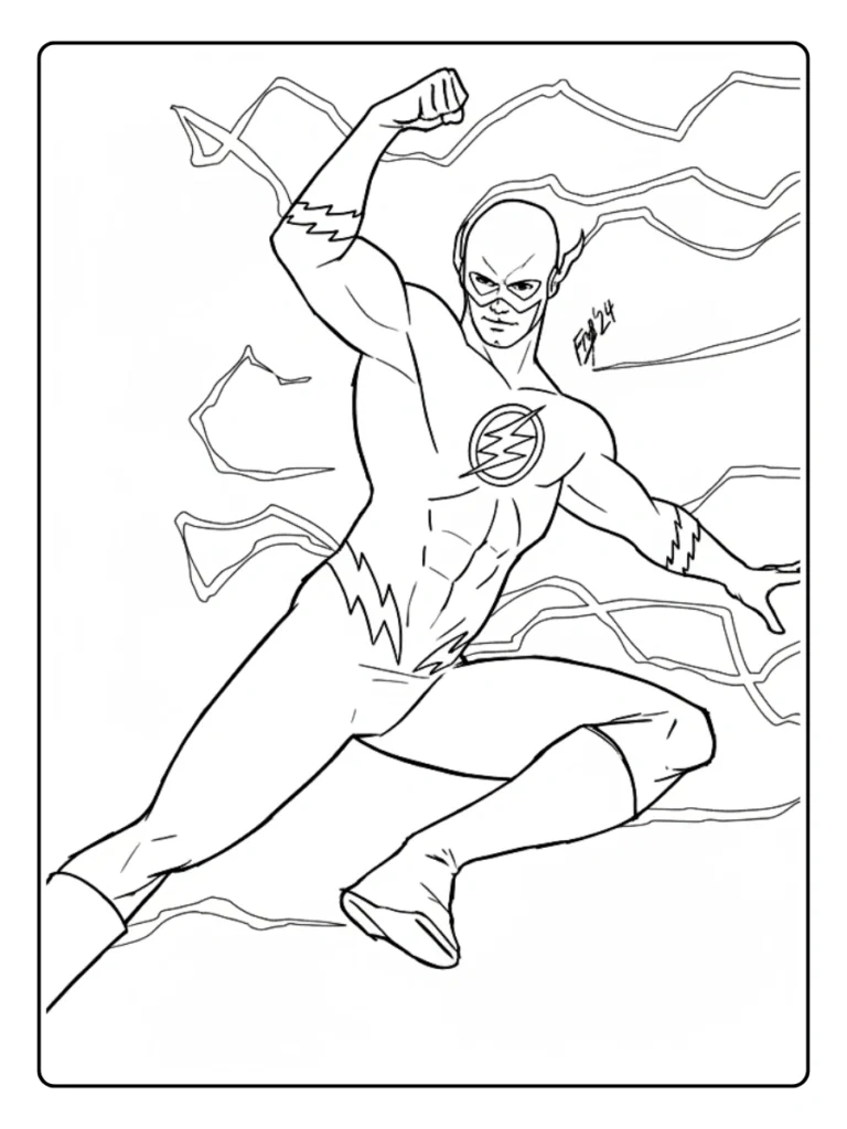 Flash speed force coloring sheet, superhero surrounded by energy bolts.
