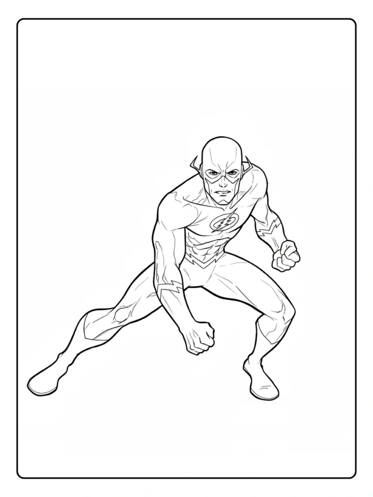 Flash landing pose coloring sheet, superhero in a defensive crouch.