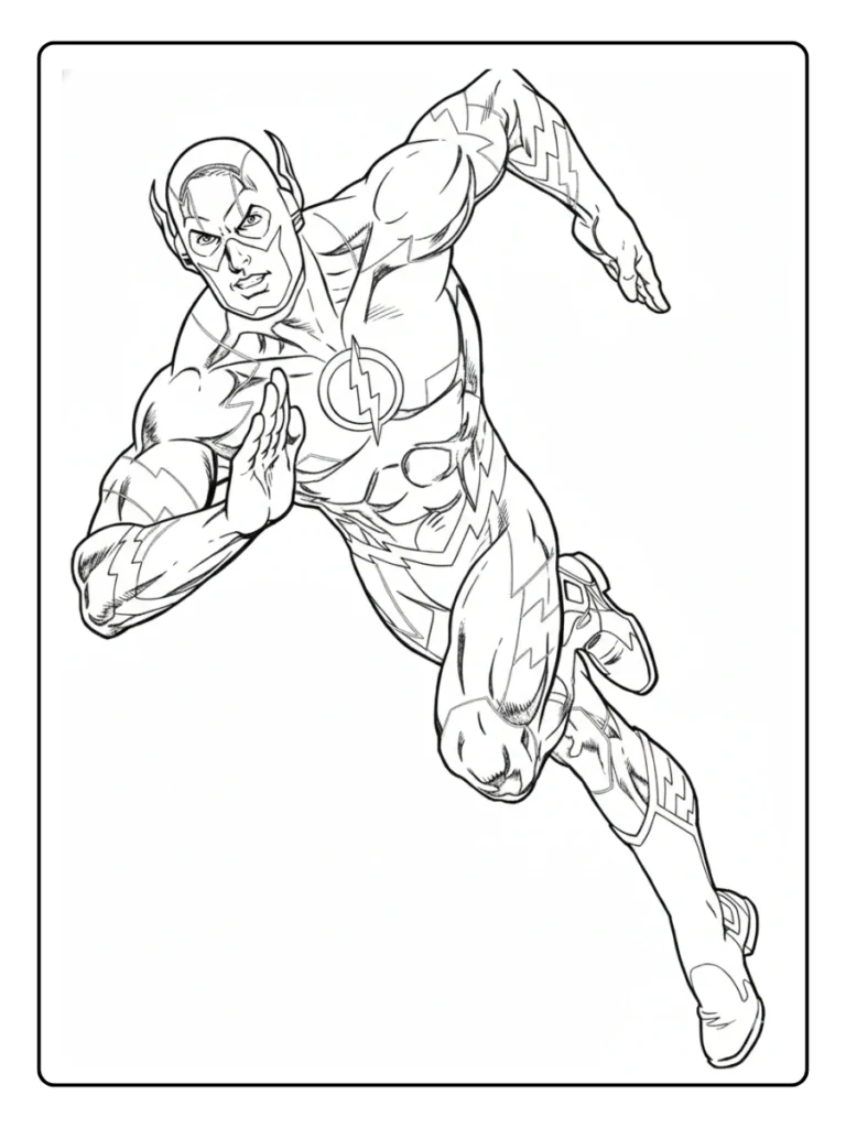Dynamic Flash running coloring page, superhero leaning into a turn.
