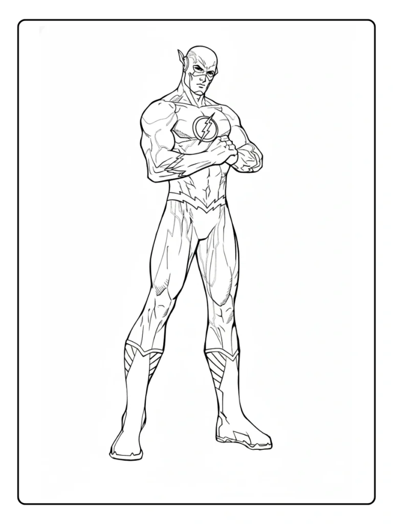 Flash superhero standing coloring page, DC character in a heroic pose.