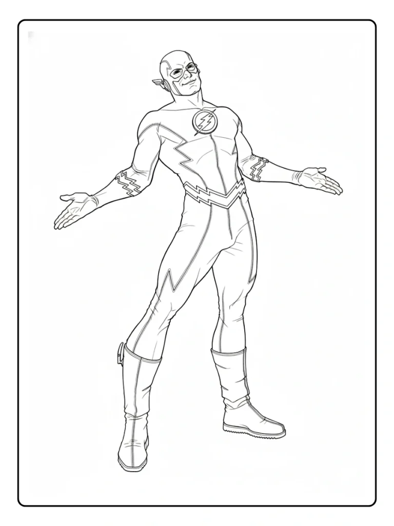 Flash gesturing coloring page, superhero with hands open in a friendly pose.