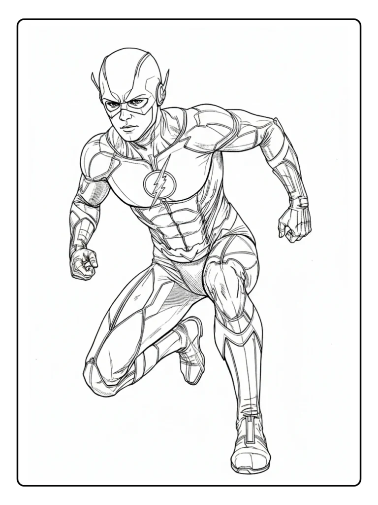 Flash crouched coloring page, superhero ready to sprint line art.