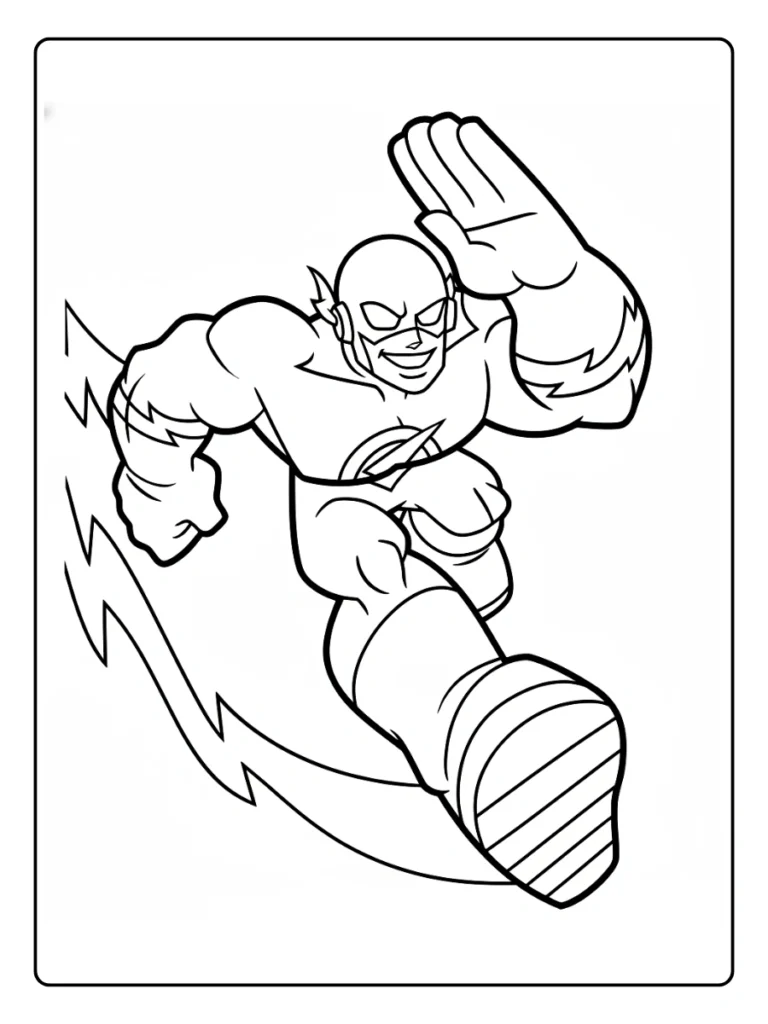 The Flash running fast coloring sheet, superhero with speed force lightning.