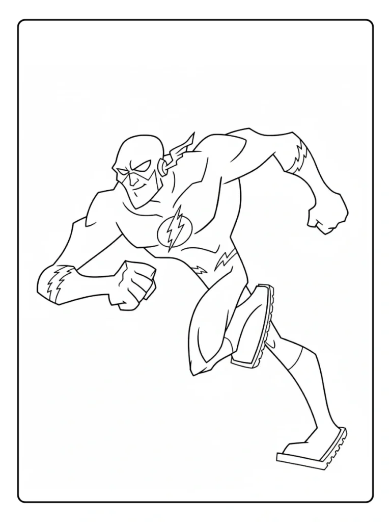 Action Flash sprinting coloring page, superhero running sideways.