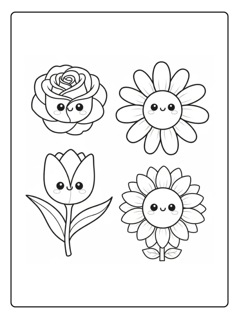 Set of four mini flower icons coloring page.