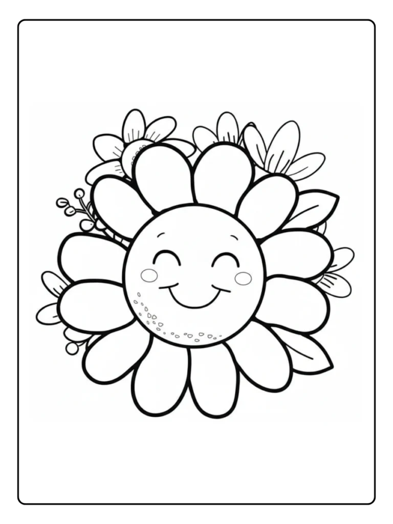 Smiling daisy with leaves coloring page.