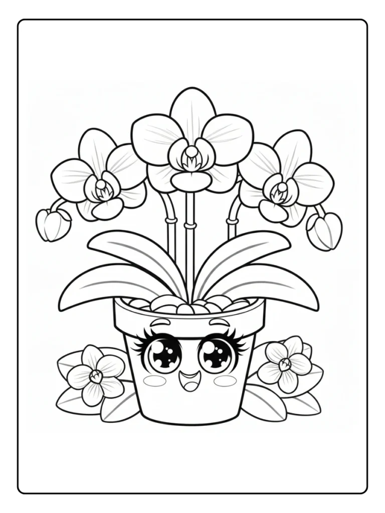 Kawaii orchid in a pot coloring page.