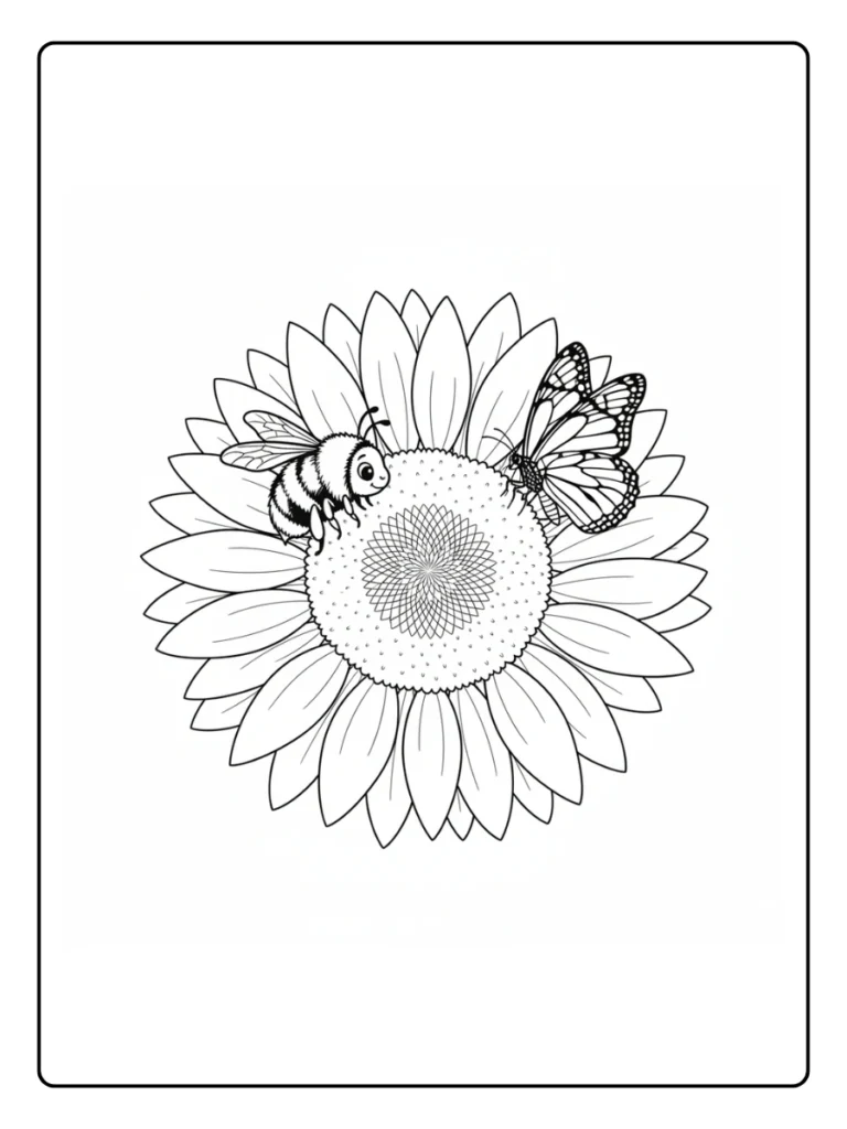 Sunflower with bee and butterfly coloring page.