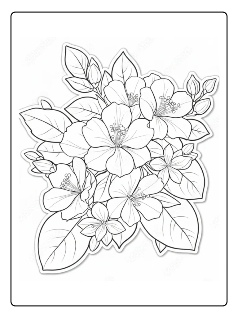 Tropical hibiscus flower cluster coloring page.