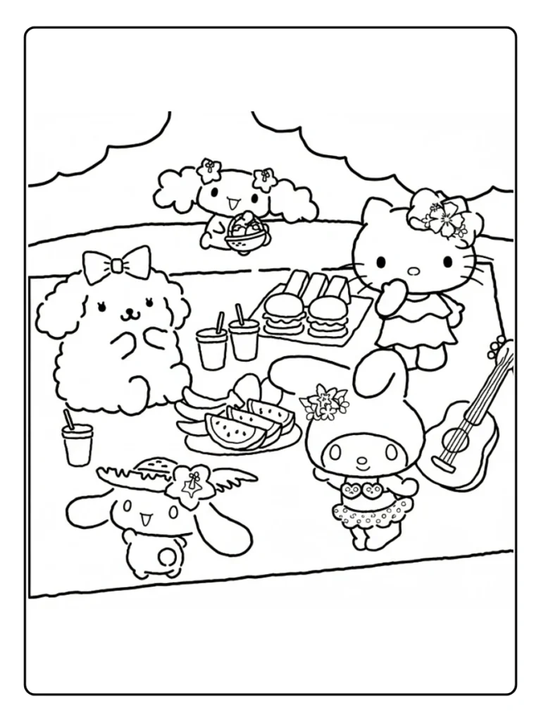 Hello Kitty outdoor garden tea party coloring page
