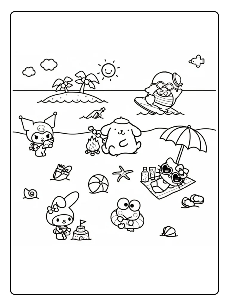 Sanrio characters at the beach coloring page
