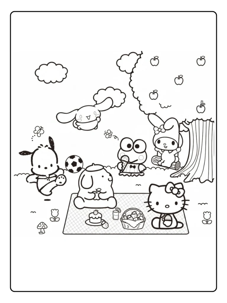 Hello Kitty and Friends forest picnic coloring sheet