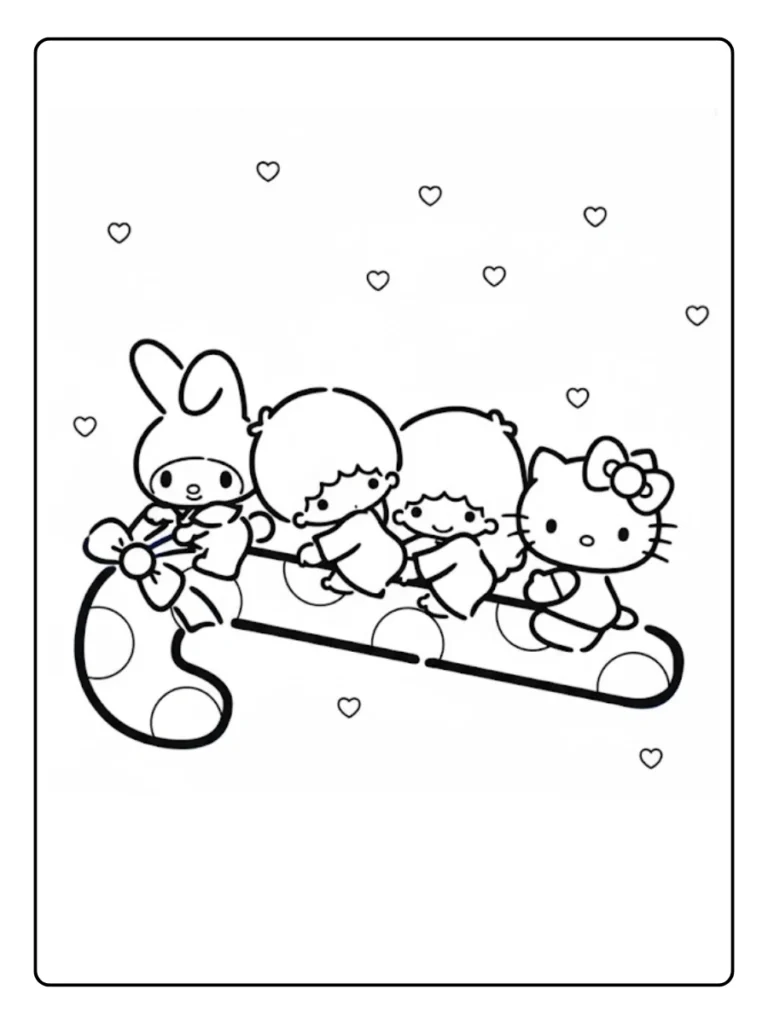 Hello Kitty and friends on a candy cane coloring page