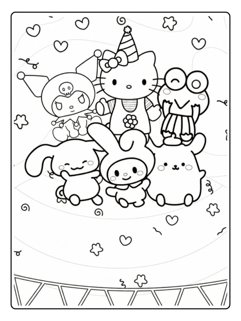 Sanrio characters on a giant cake coloring page