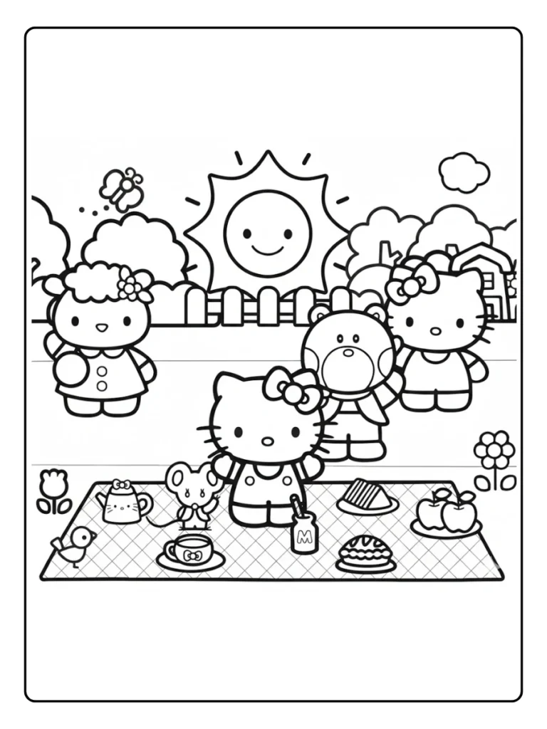 Hello Kitty backyard picnic coloring page for kids