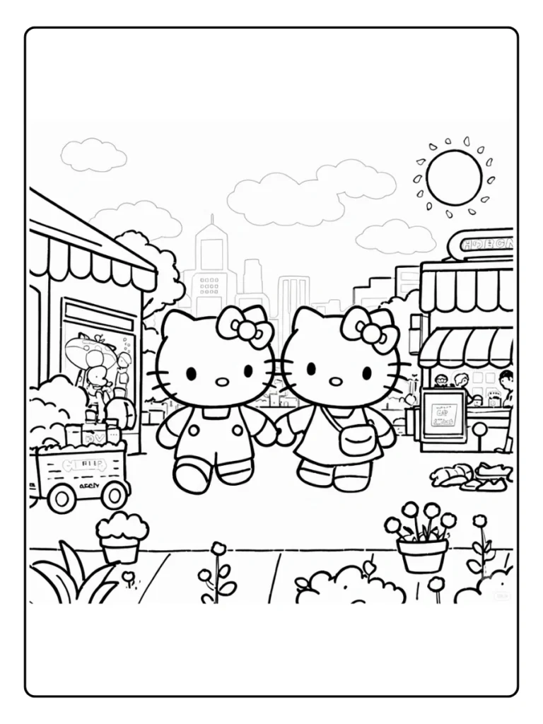 Hello Kitty and Dear Daniel city walk coloring page
