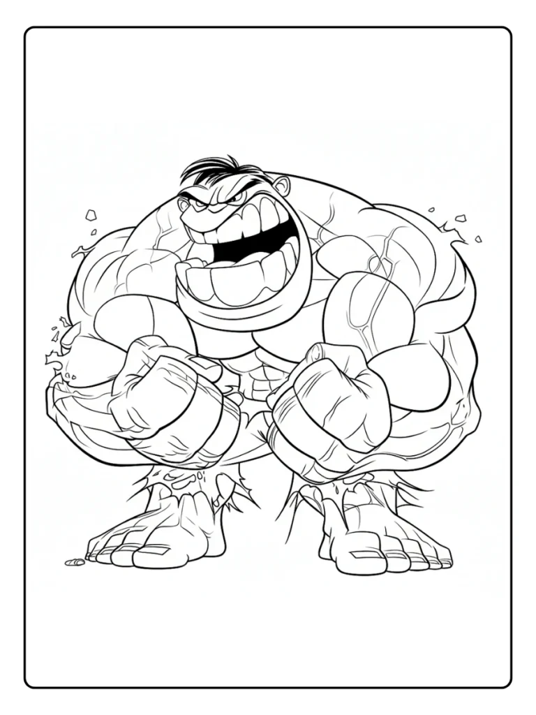 Chibi Hulk coloring page for kids, cute muscular superhero drawing.
