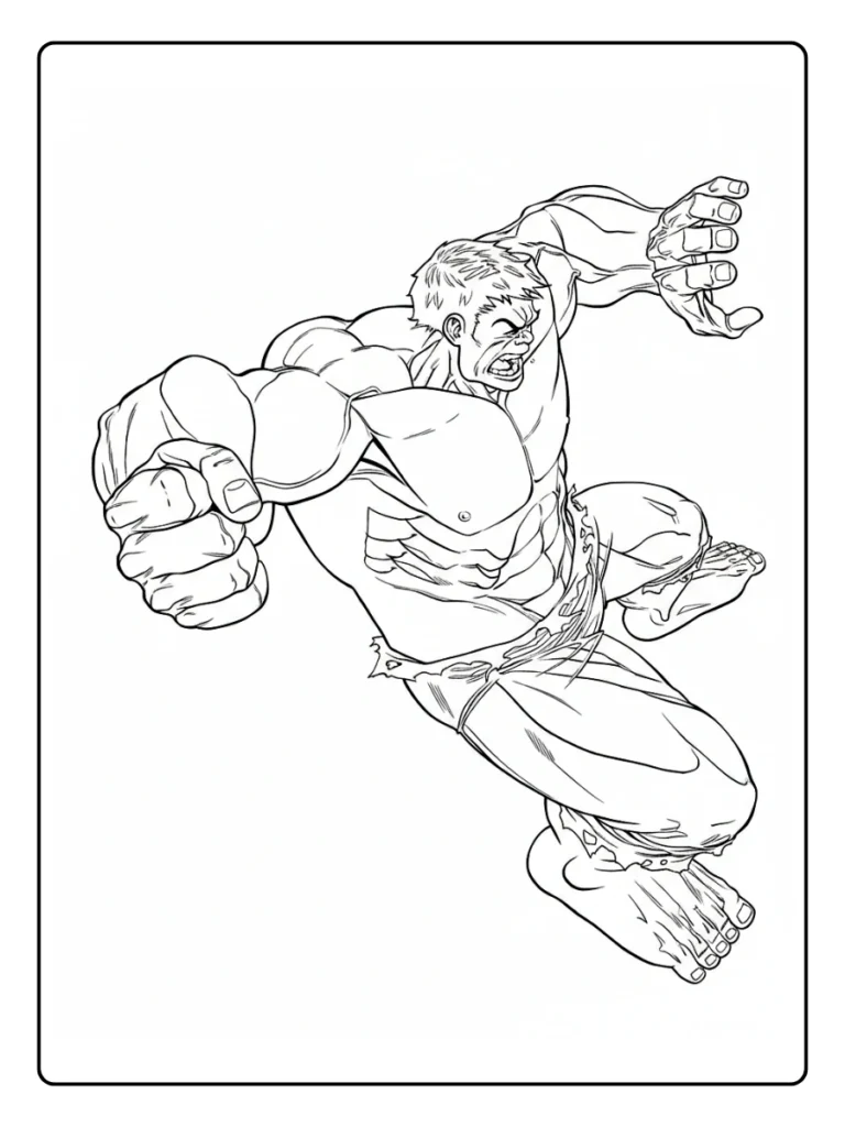 Running Hulk coloring page, superhero charging forward line drawing.