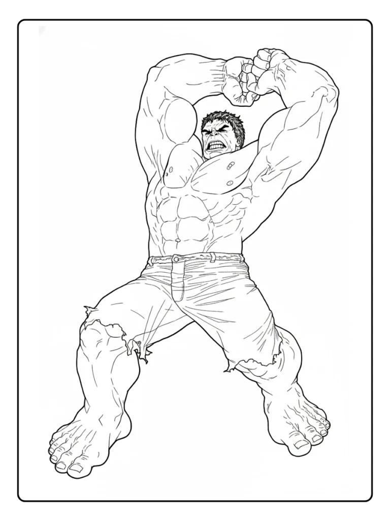 Marvel Hulk coloring page, muscular hero looking up and flexing.