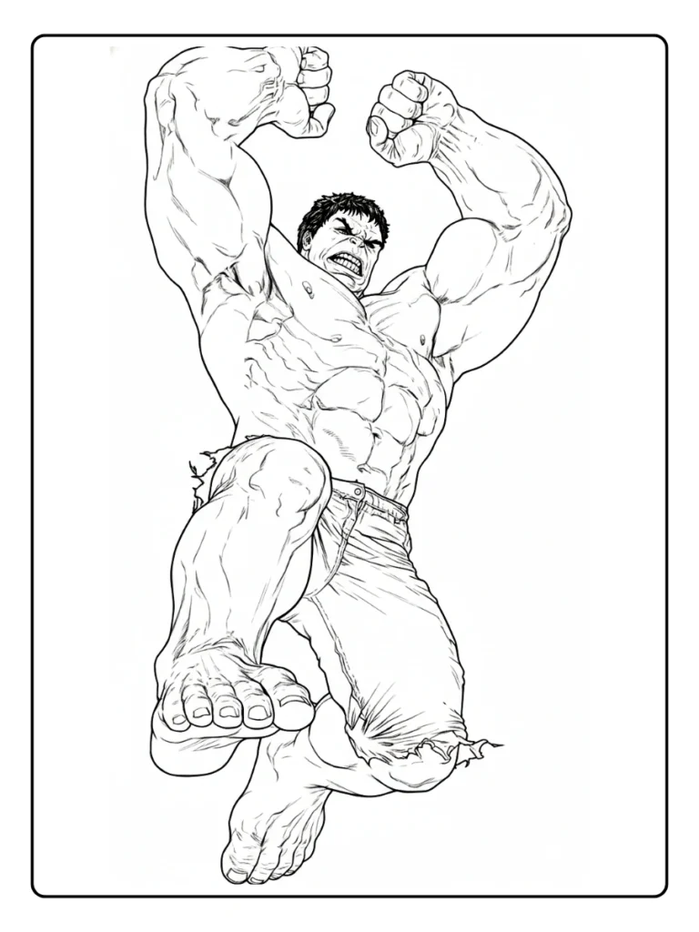 Giant Hulk coloring sheet, low angle view of superhero posing.