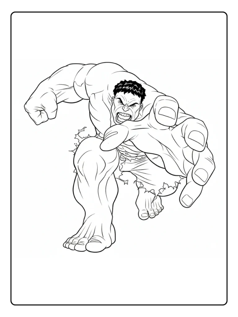 Crouching Hulk coloring page, superhero landing pose line art.