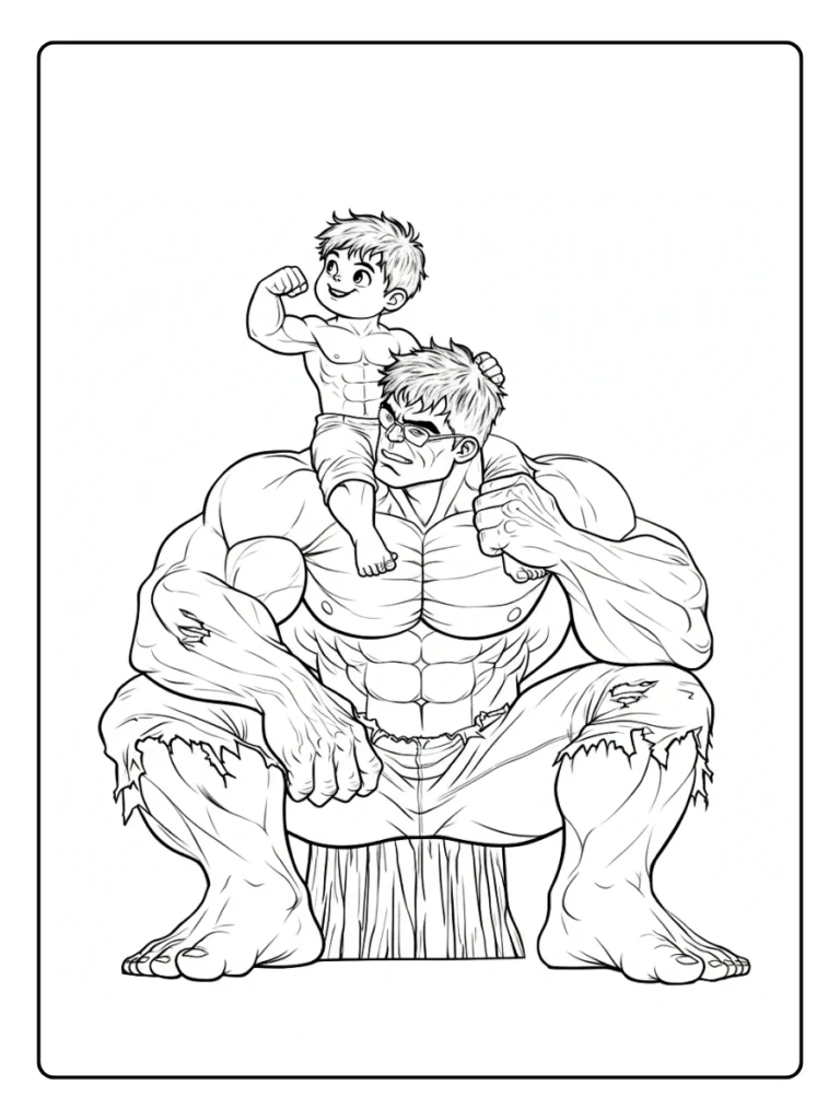 Hulk and child coloring page, gentle giant superhero sitting pose.