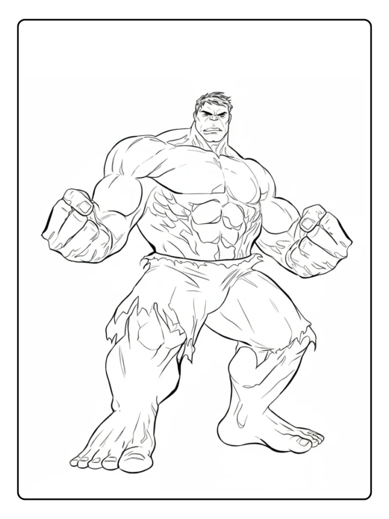Full body Hulk coloring sheet, classic standing pose line art.