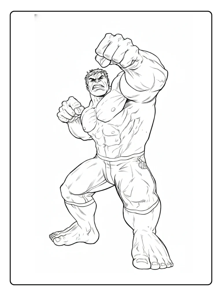 Action Hulk coloring page, muscular superhero walking and ready to punch.
