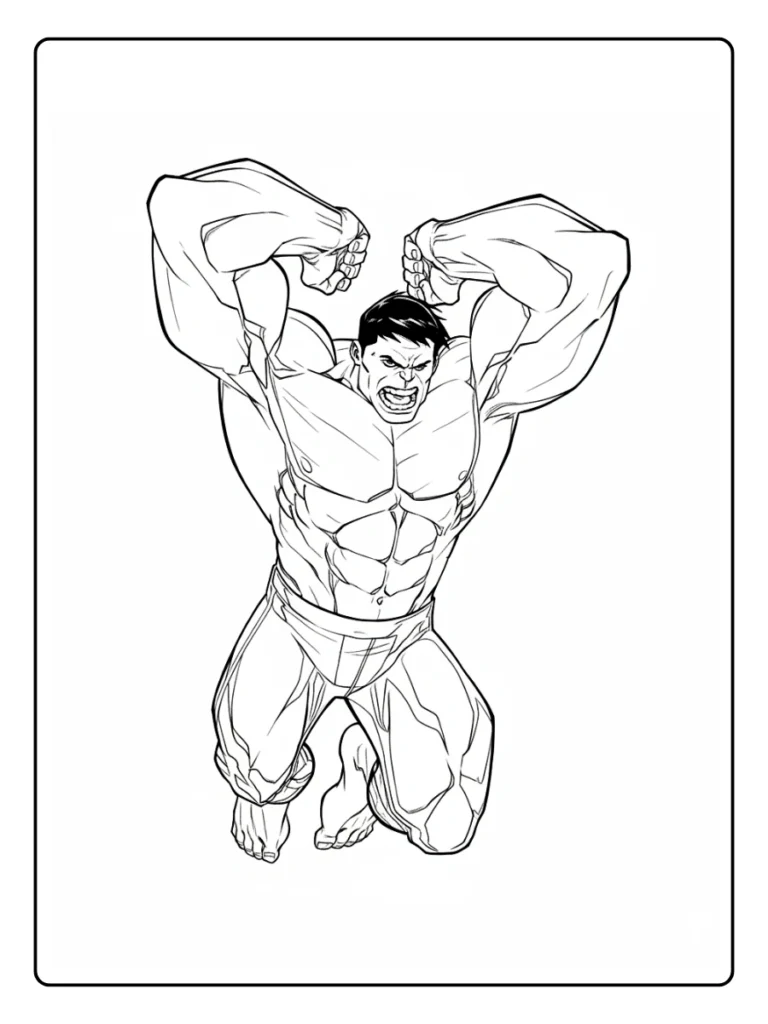 Hulk Smash coloring page, superhero leaping into the air drawing.