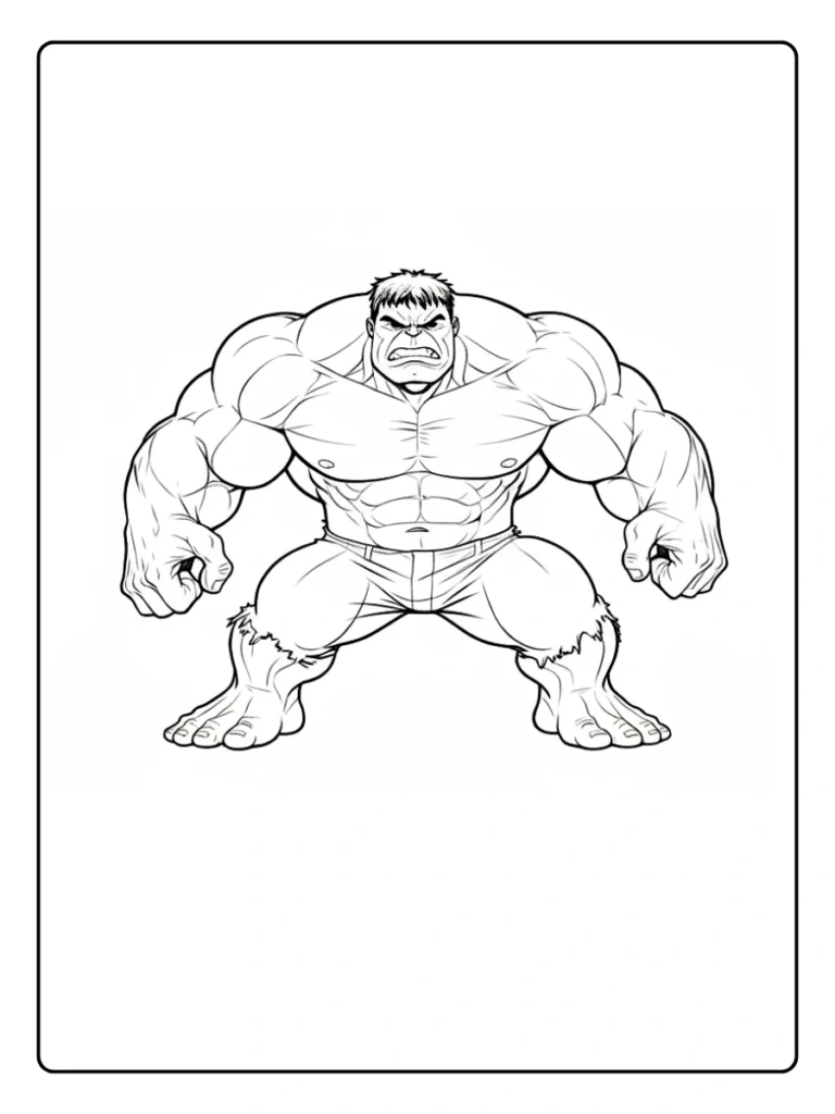 Powerful Hulk coloring sheet, wide stance muscular pose for boys.
