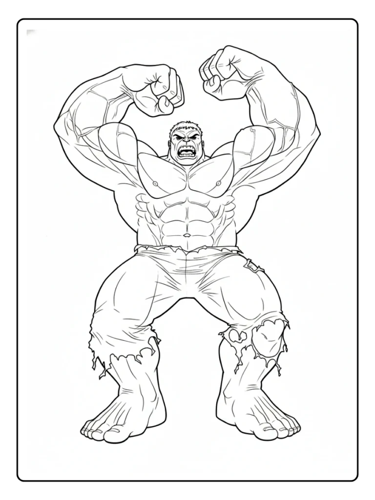 Bodybuilder Hulk coloring page, superhero flexing biceps line art.