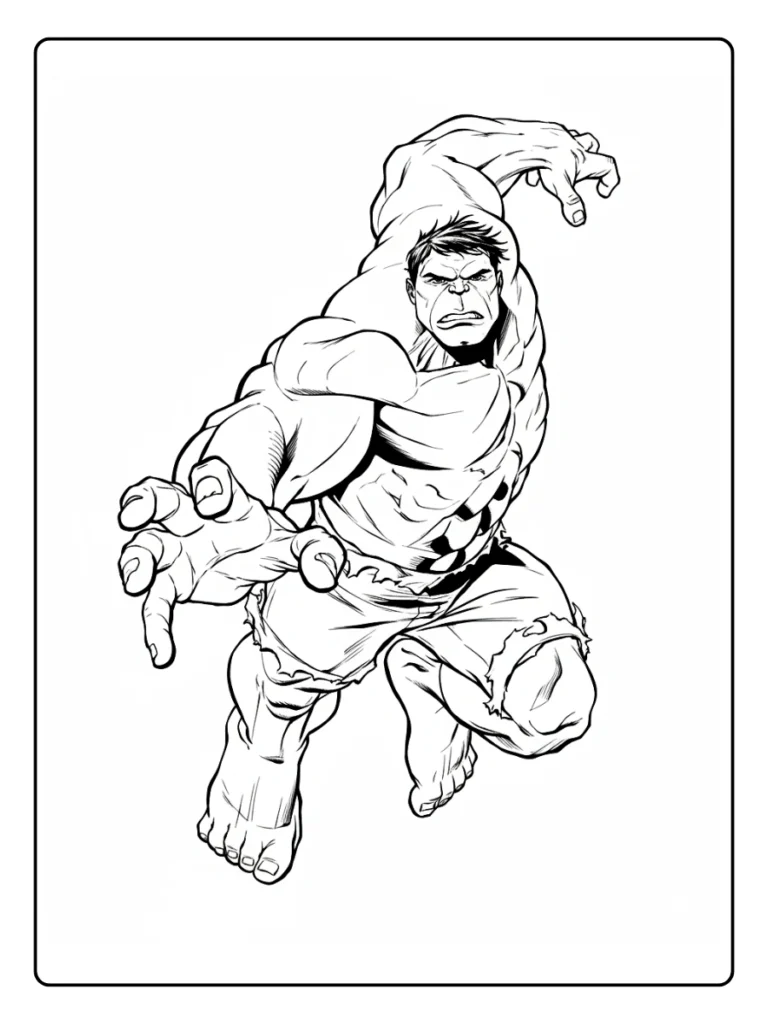 Dynamic Hulk coloring page, superhero reaching out hand drawing.