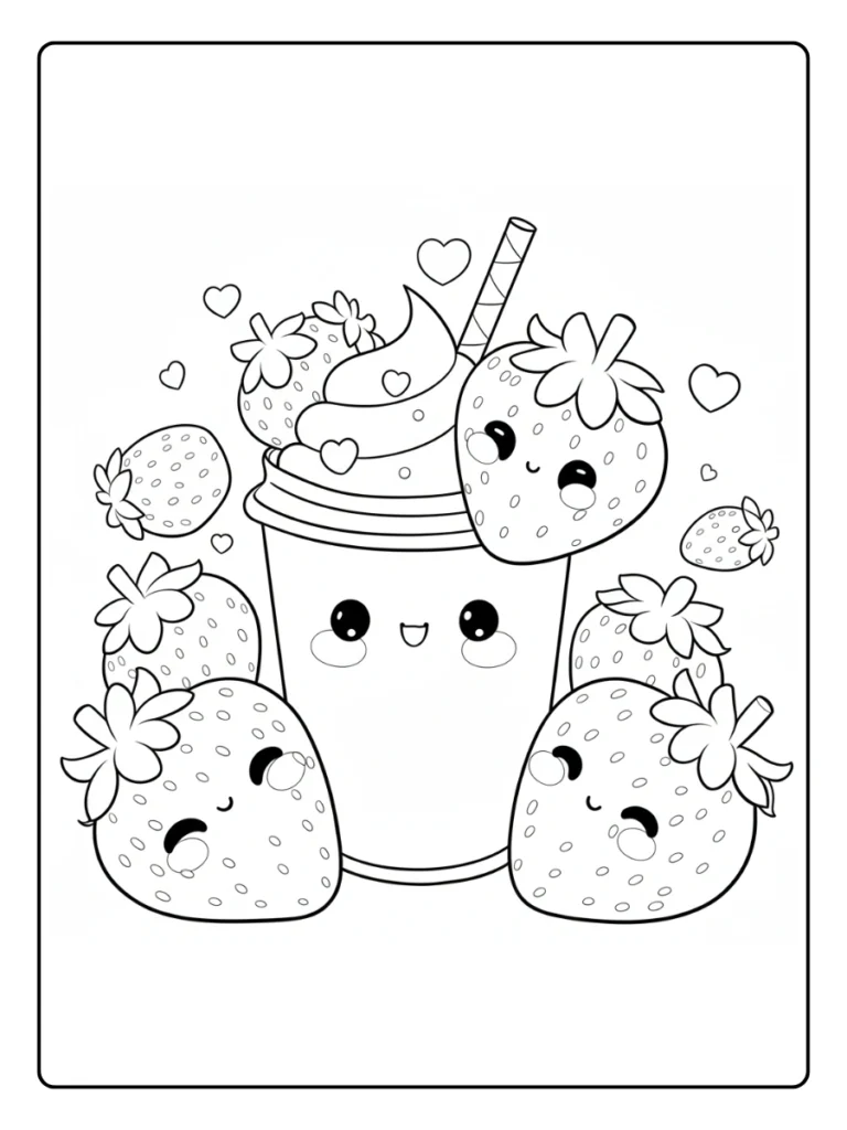 Kawaii milkshake coloring page, cute drink surrounded by strawberries.