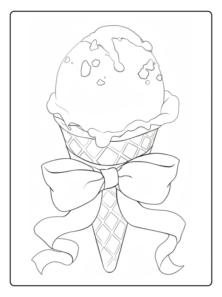 Ice cream cone with bow coloring page, elegant dessert line art.
